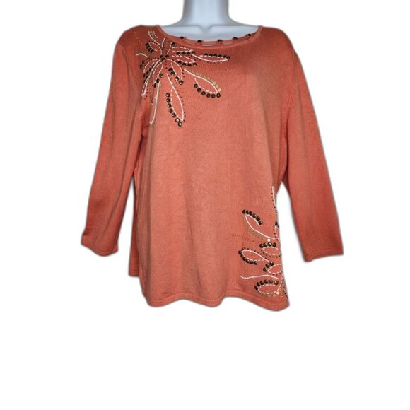 Alfred Dunner Peach Orange Embellished Knit Top Medium Floral Studs Sz. M Beaded - Picture 1 of 5